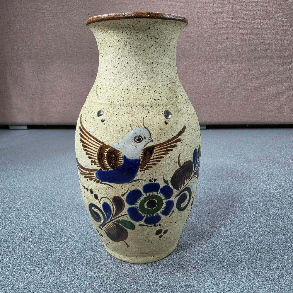 Ken Edwards Pottery Vase Tan Good Bird Floral Tonala Mexico
